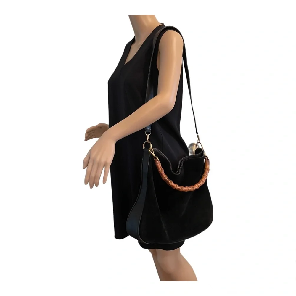 Gucci Suede Leather Bamboo Handle bag w/Strap Black Vintage - Picture 3 of 16